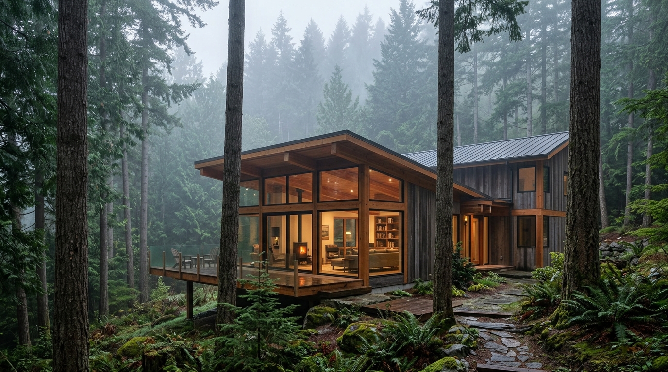Maison bois architecturale dans une forêt de conifères