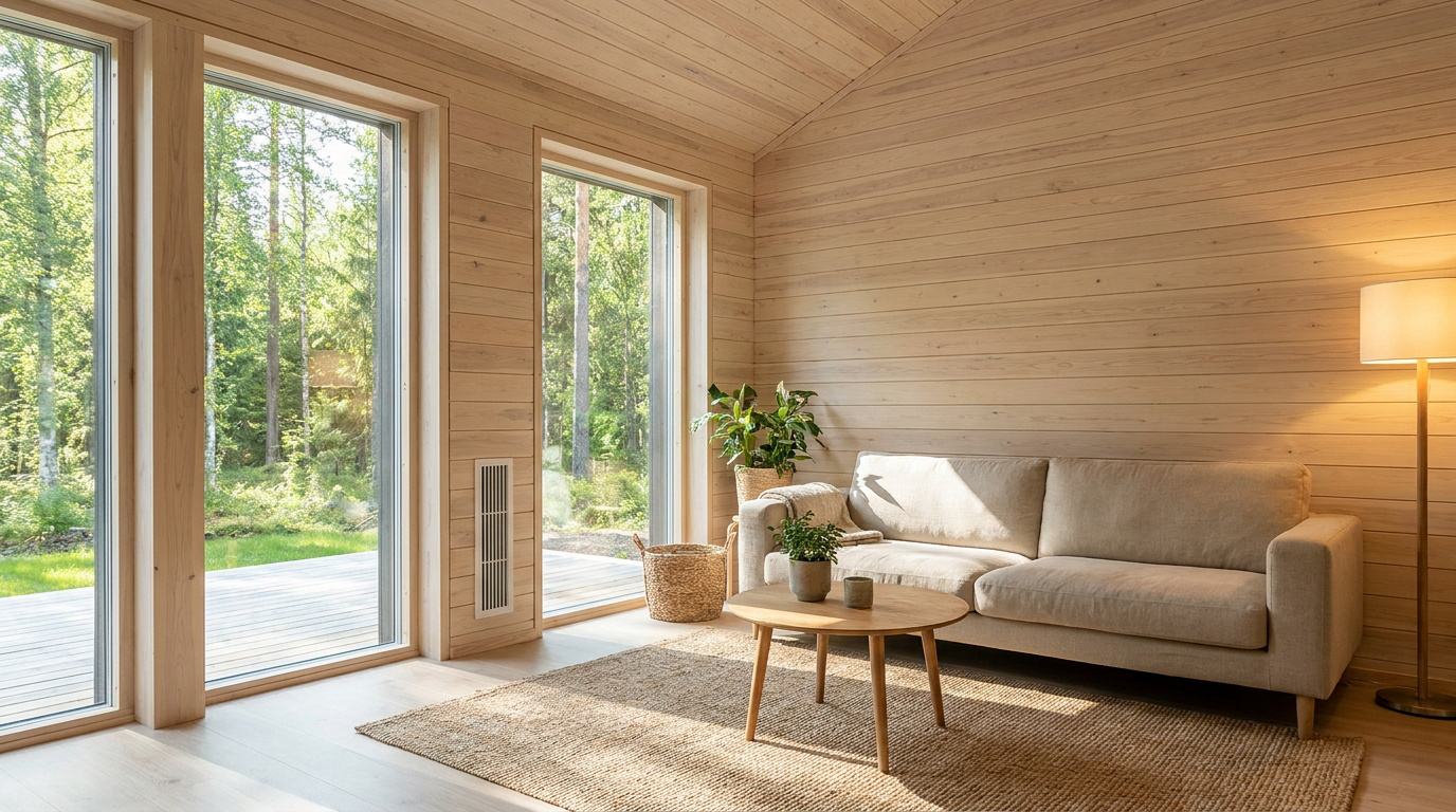 Salon chaleureux avec murs en bois, grandes baies vitrées donnant sur une forêt et une bouche de ventilation VMC.